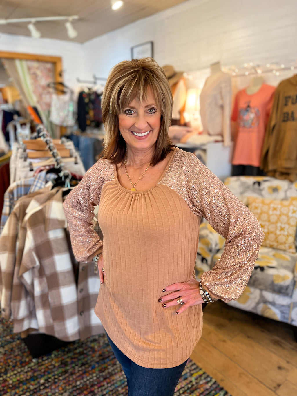 Sequin Sleeve Beige Top
