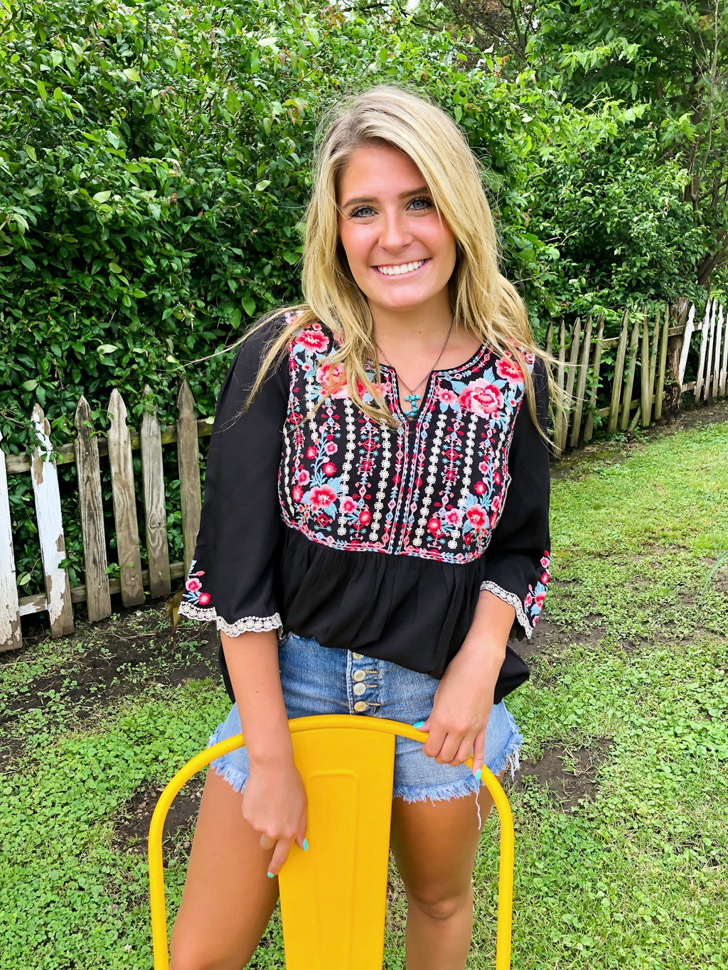 Embroidered 3/4 Length Sleeve Top (more colors!)